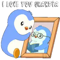 a penguin is looking at a picture of another penguin with the words i love you grandpa above it