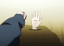 a cartoon hand is sticking out of a hole in the ground