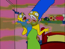 a cartoon of marge simpson holding a baby with a gun in her mouth
