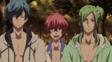 three anime characters are standing next to each other and one of them has green hair