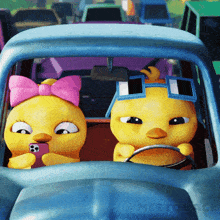 two cartoon ducks are sitting in a car and one is looking at a cell phone