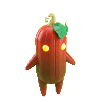 a red pumpkin with yellow eyes and a green leaf on top of it