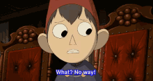 a cartoon character says " what no way " in blue text