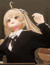 a girl with blonde hair and red eyes is sitting at a desk with a pen in her hand