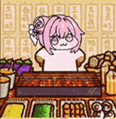 a cartoon girl with pink hair is sitting at a table with a bunch of food .