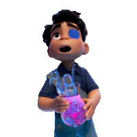 a cartoon boy is holding a cup with a blue liquid in it and smiling