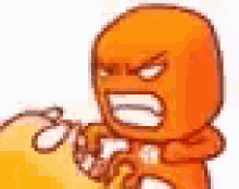a cartoon character with an angry face is holding a yellow object .