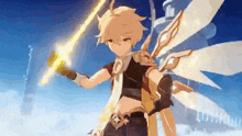 a boy with wings is holding a lightning sword in his hand .