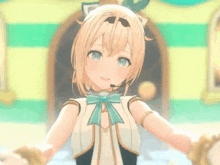 a girl with blonde hair and blue eyes is wearing a headset and a bow tie .