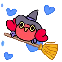 a cartoon crab wearing a witch hat is flying on a broomstick