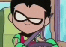 a close up of a cartoon character wearing glasses and a seat belt .