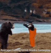 a bear standing on its hind legs next to a man in orange pants