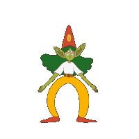 a cartoon character with green hair and a red hat with a face on it