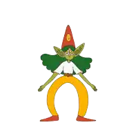 a cartoon character with green hair and a red hat with a face on it