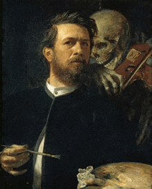 a painting of a man holding a brush with a skeleton behind him playing a violin