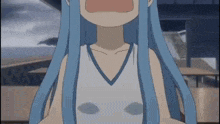 a girl with blue hair is wearing a white tank top and a blue collar .