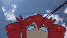 a cartoon drawing of a girl with red hair and a blue sky with clouds