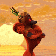 a stuffed animal wearing a hat and goggles stands on a beach