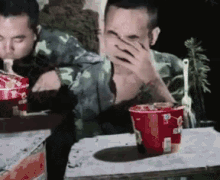 军人 可怜 杯面 吐 惨 郁闷 GIF - Soldiers Pooer Guy Cup Noodles GIFs