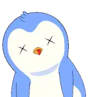a blue and white penguin with its eyes crossed and its tongue out