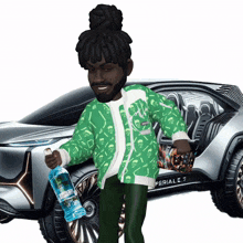 a man in a green jacket is standing in front of a car that says periale 7 on the side