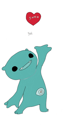 a cartoon drawing of a blue monster with a red heart above it that says yani
