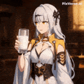 a picture of a girl holding a glass of milk with pixverse.ai on the bottom