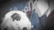 a black and white drawing of a man holding a soccer ball with the name amelia written below him
