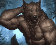 a painting of a werewolf with a braid on his neck scratching his head
