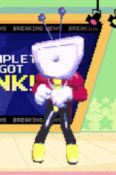 a cartoon character with a toilet head stands in front of a breaking news screen