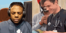 a man wearing headphones next to a man wearing a stethoscope .