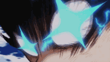 a close up of a person 's eyes with a blue star in them