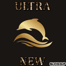 a gold dolphin is on a black background with the words ultra new below it