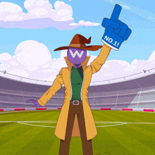 a cartoon character is holding up a blue glove that says no.1