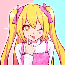 a cartoon girl with pigtails and a heart on her face is making a funny face .