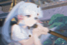 a blurred image of a anime girl with blue hair holding a sword .