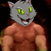 a cartoon cat with green eyes is on a shirtless man 's chest