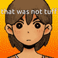 a pixel art of a boy with the words that was not tuff written above him .