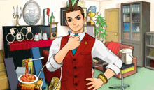 a man in a red vest and tie is standing in a cluttered room