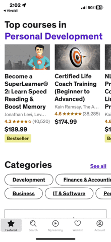 a phone screen shows a list of top courses in personal development
