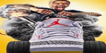 a man is riding a lawn mower made out of a pair of jordan sneakers .
