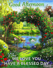 a good afternoon we love you have a blessed day greeting card with a painting of a swan in a pond