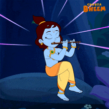 a cartoon of a boy playing a flute with the words chhota bheem above him