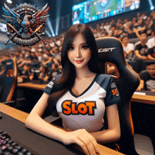 a woman wearing a shirt that says slot is sitting at a desk