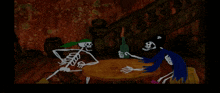 a cartoon of two skeletons sitting at a table with one holding a bottle
