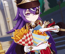 a girl with purple hair is holding a bag of fries