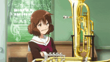a girl in a school uniform playing a tuba