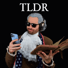 a man wearing a wig and sunglasses is holding a cell phone and a book with the word tldr written on the top