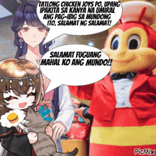 a cartoon of a girl holding a cat and a jollibee mascot talking