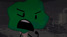 a green cartoon face with an angry expression